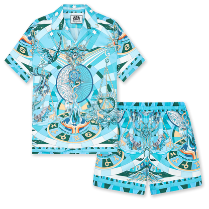 Teal Myth Pattern Camp Collar Casual Shirt Jonvidesign