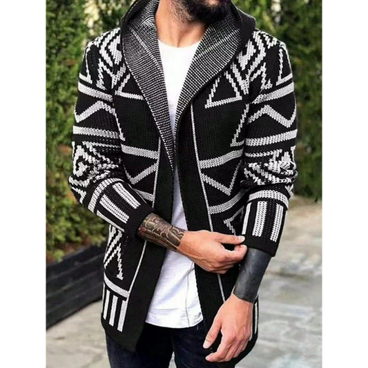 Ethnic Geometric Pattern Hooded Cardigan,