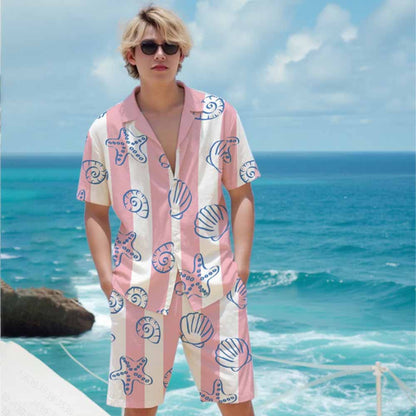 Pink And White Vertical Stripes Beach Shell Print Camp Collar Short Sleeve Shirt
