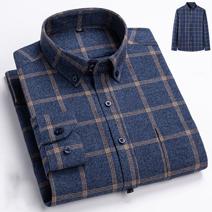 Men's Plus-Size Plaid Shirt, Fleece-Lined, Versatile Casual Fit, Cotton Long Sleeve for Young Men