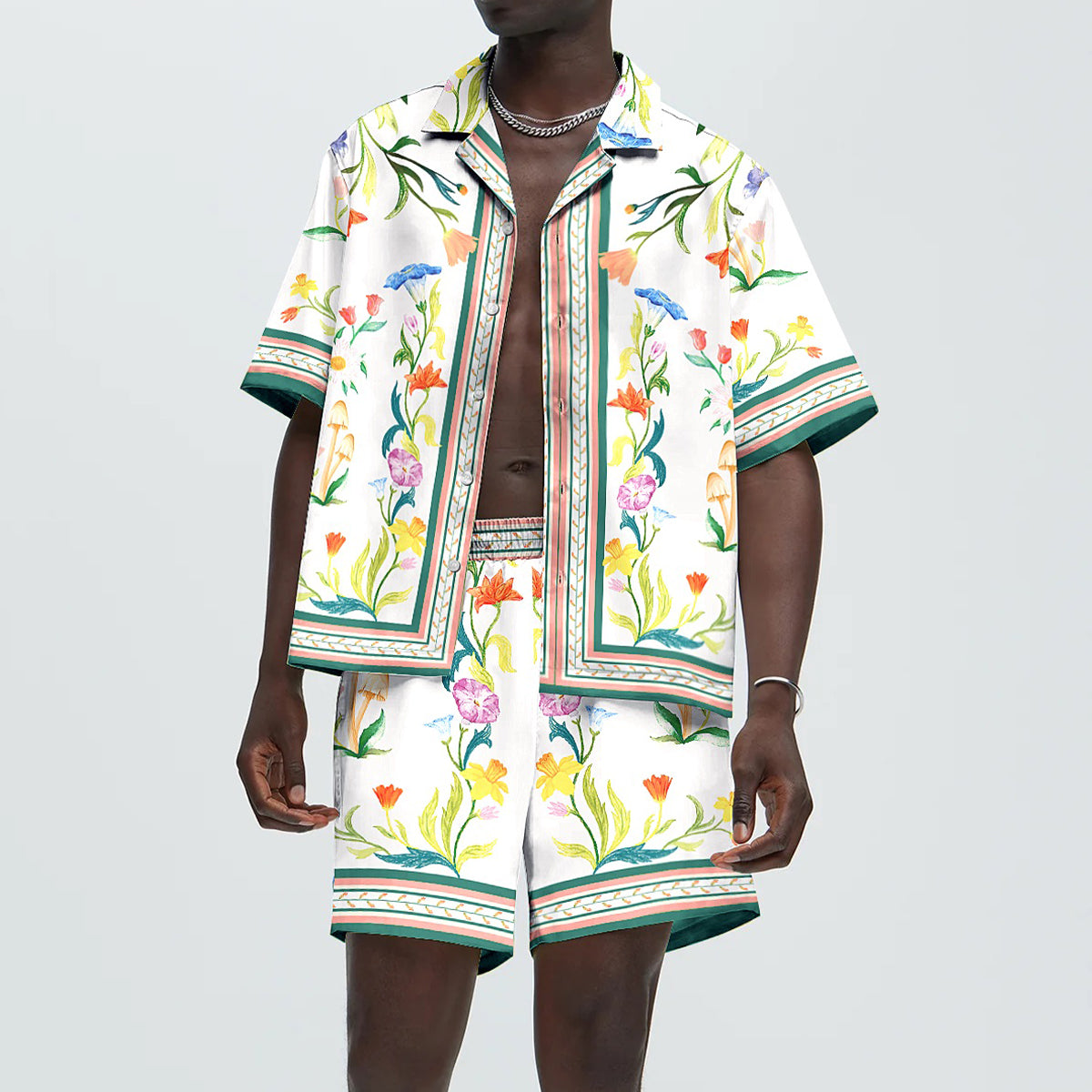 Green Floral Pattern Camp Collar Casual Shirt