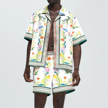 Green Floral Pattern Camp Collar Casual Shirt