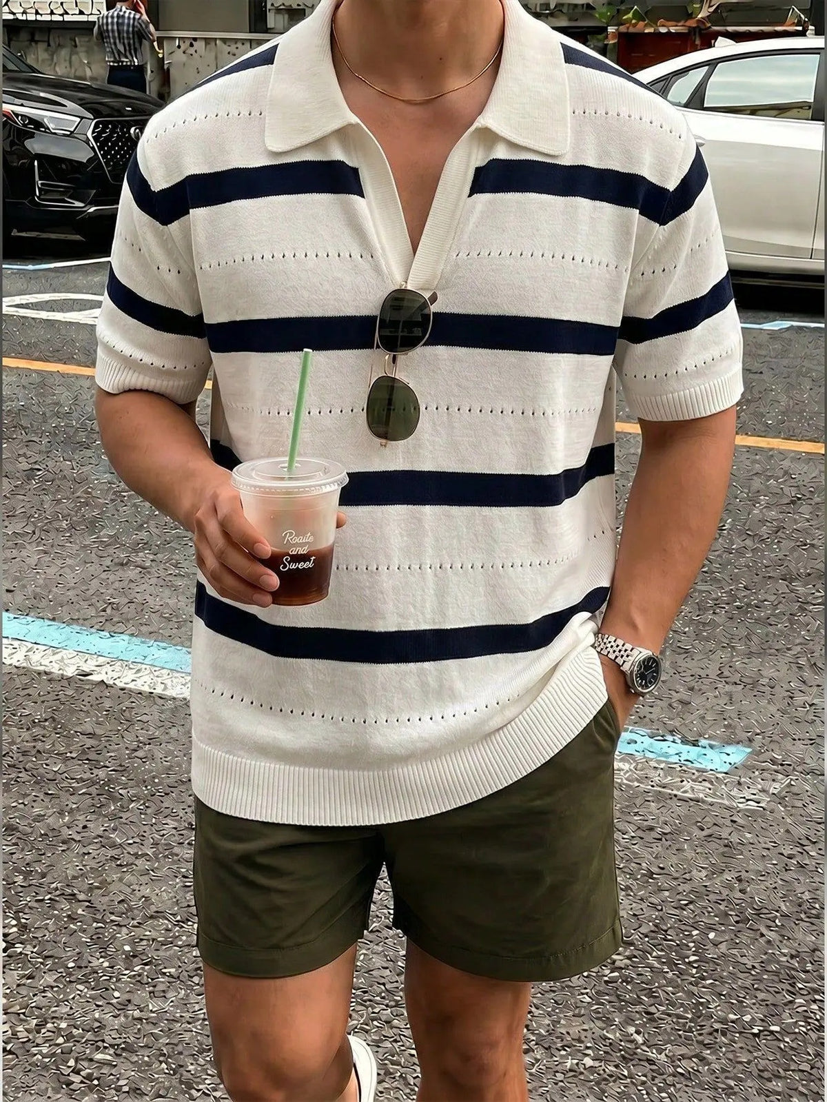 Men's Navy Striped Lapel Hollow‑Out Short‑Sleeve Knit Polo