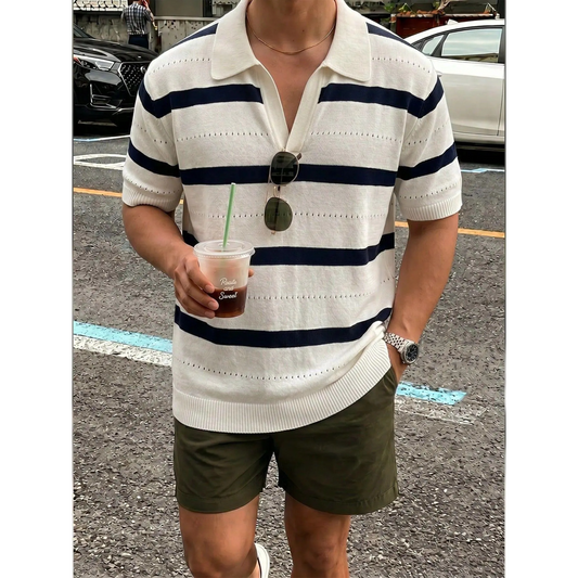 Men's Navy Striped Lapel Hollow‑Out Short‑Sleeve Knit Polo