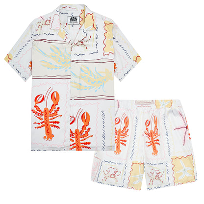Aloha Style Lobster Pattern Silk Fiber Waistband Shorts
