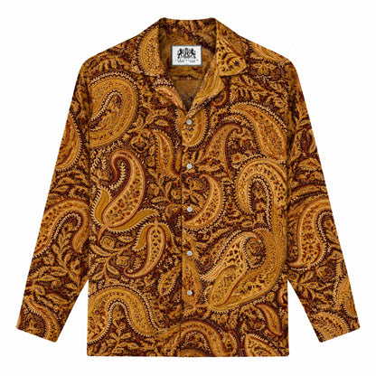 Brown  with Cashew Flower  Print Long Sleeve Camp Collar Shirt