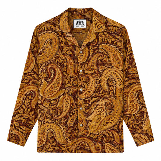 Brown  with Cashew Flower  Print Long Sleeve Camp Collar Shirt