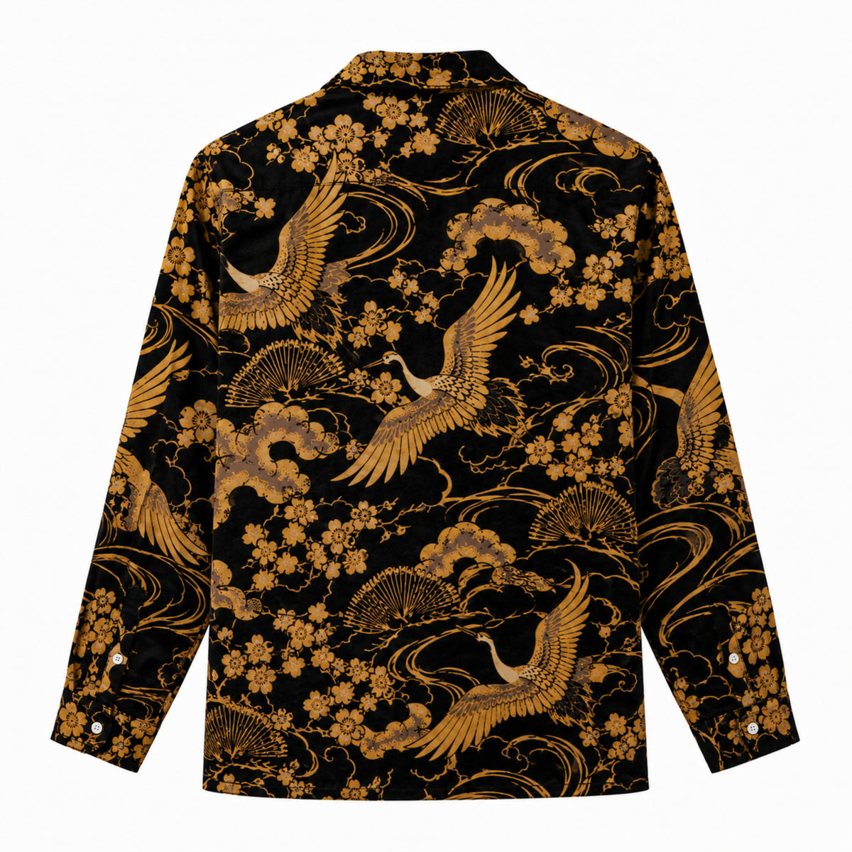 Flying cranes with gold patterns on a black background Print Long Sleeve Camp Collar Shirt