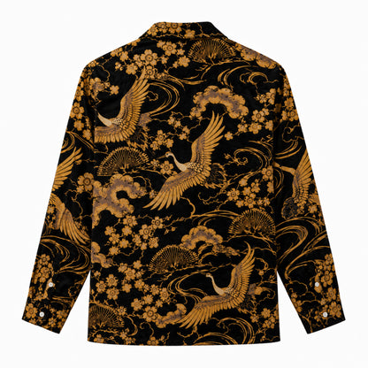 Flying cranes with gold patterns on a black background Print Long Sleeve Camp Collar Shirt