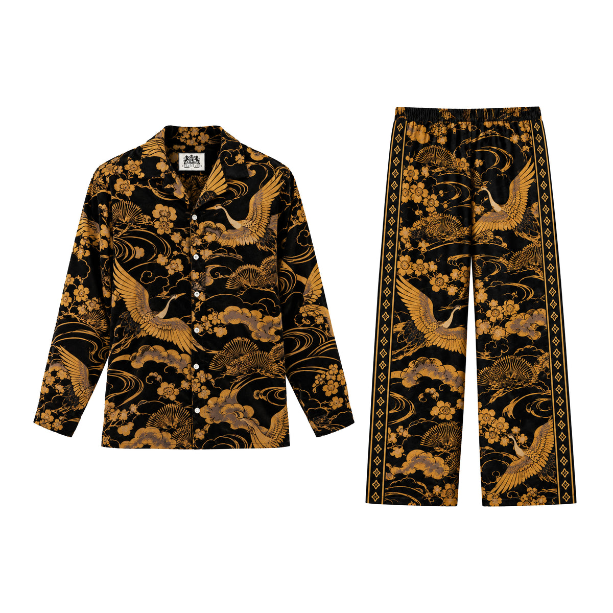 Flying cranes with gold patterns on a black background Print Casual Trousers With Elastic Waistband