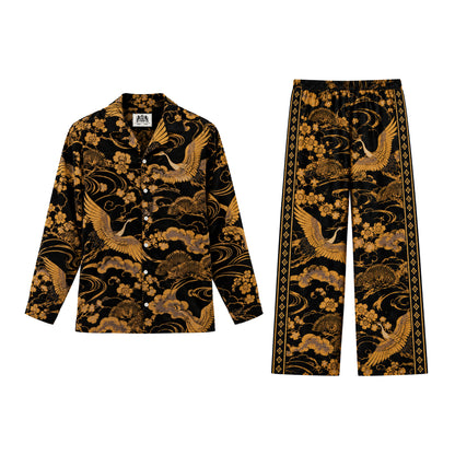 Flying cranes with gold patterns on a black background Print Casual Trousers With Elastic Waistband