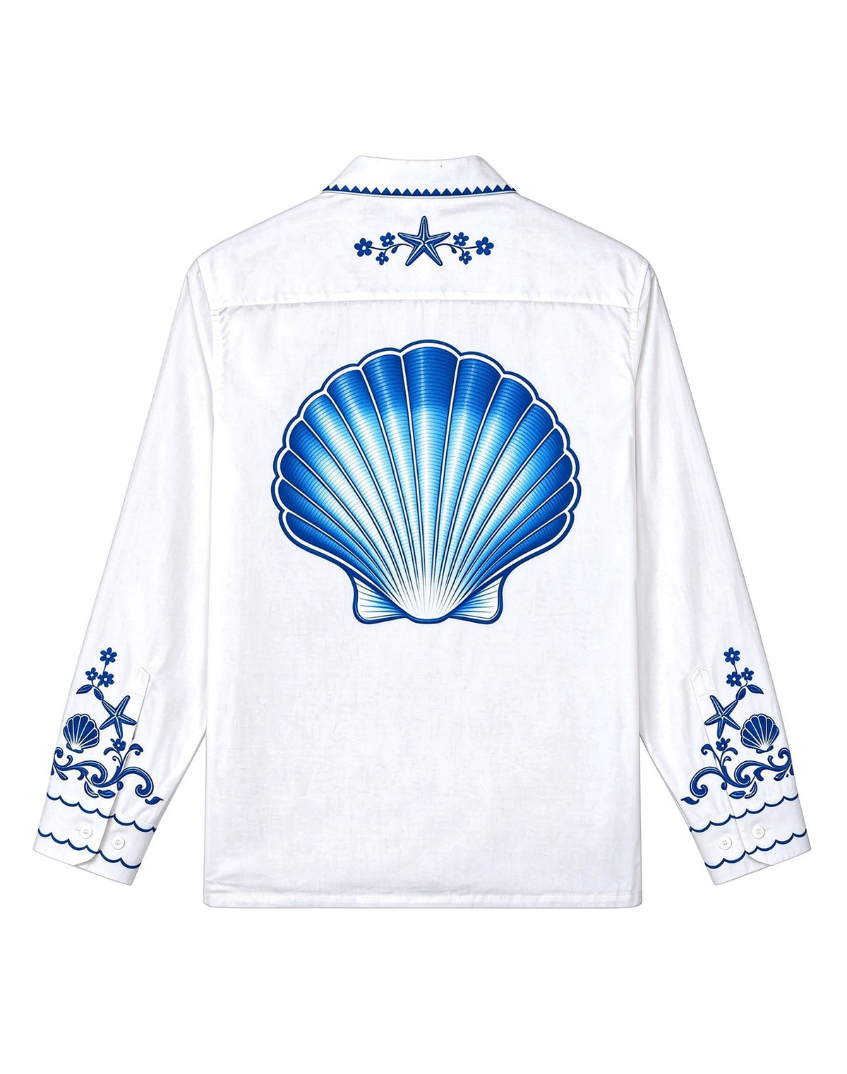 Blue White Coastal Starfish Shell Camp Collar Linen Shirt