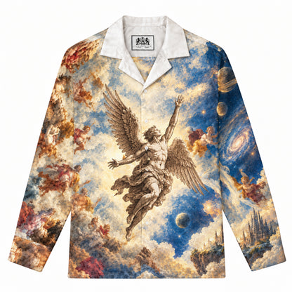 Ancient Greek Angel Print Long Sleeve Camp Collar Shirt
