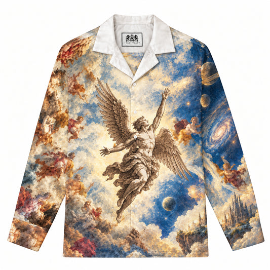 Ancient Greek Angel Print Long Sleeve Camp Collar Shirt