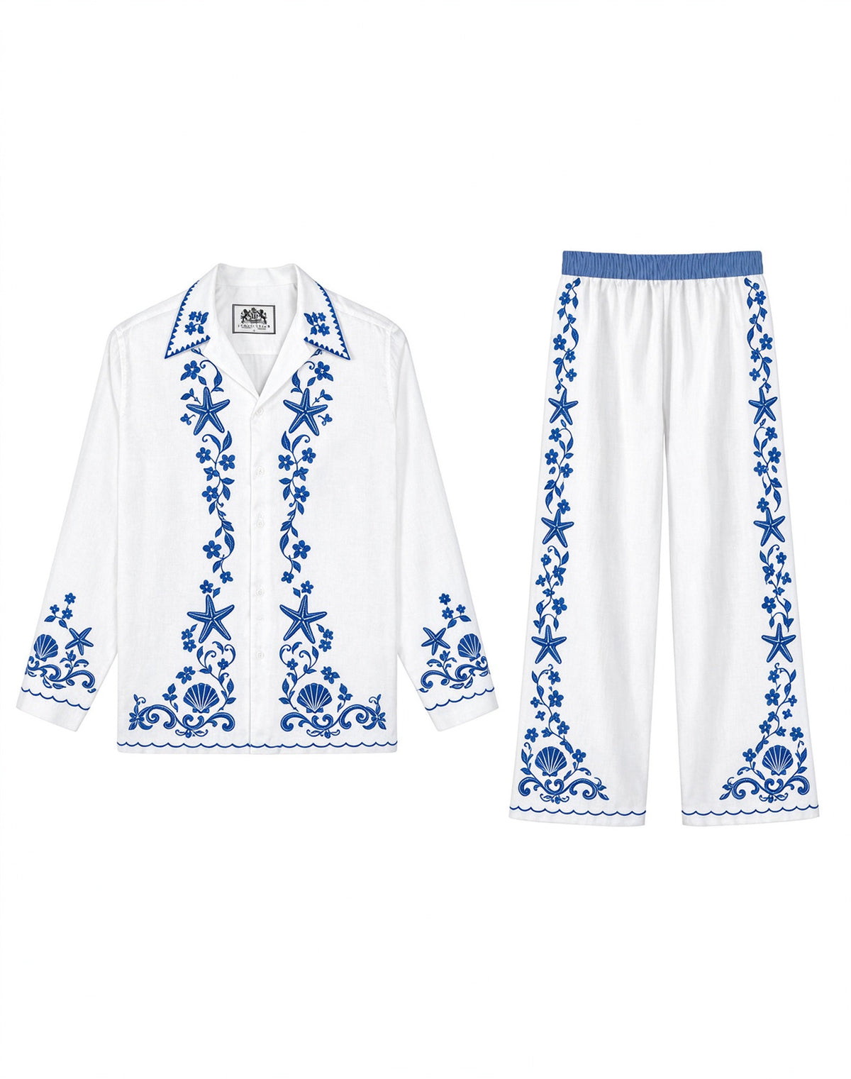Blue White Coastal Starfish Shell Wide Leg Linen Pants
