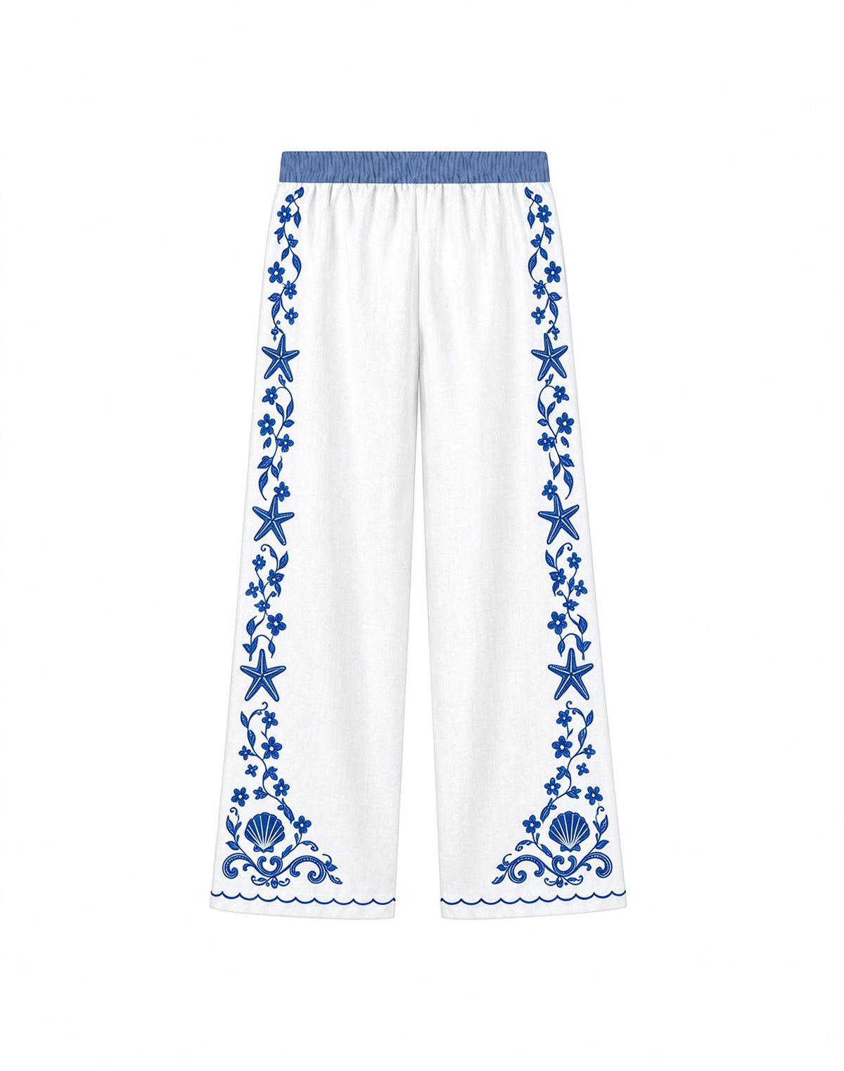 Blue White Coastal Starfish Shell Wide Leg Linen Pants