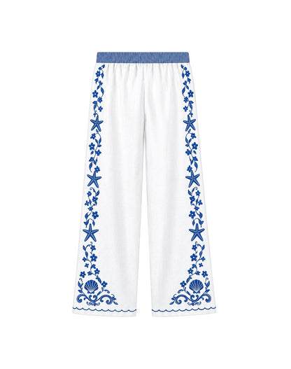 Blue White Coastal Starfish Shell Wide Leg Linen Pants