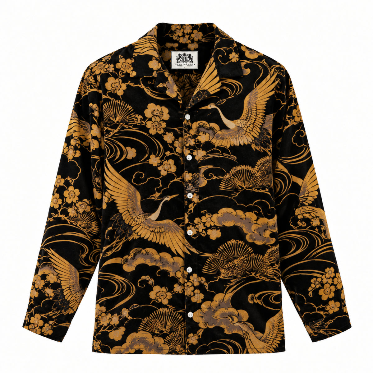 Flying cranes with gold patterns on a black background Print Long Sleeve Camp Collar Shirt