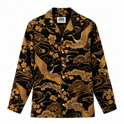 Flying cranes with gold patterns on a black background Print Long Sleeve Camp Collar Shirt