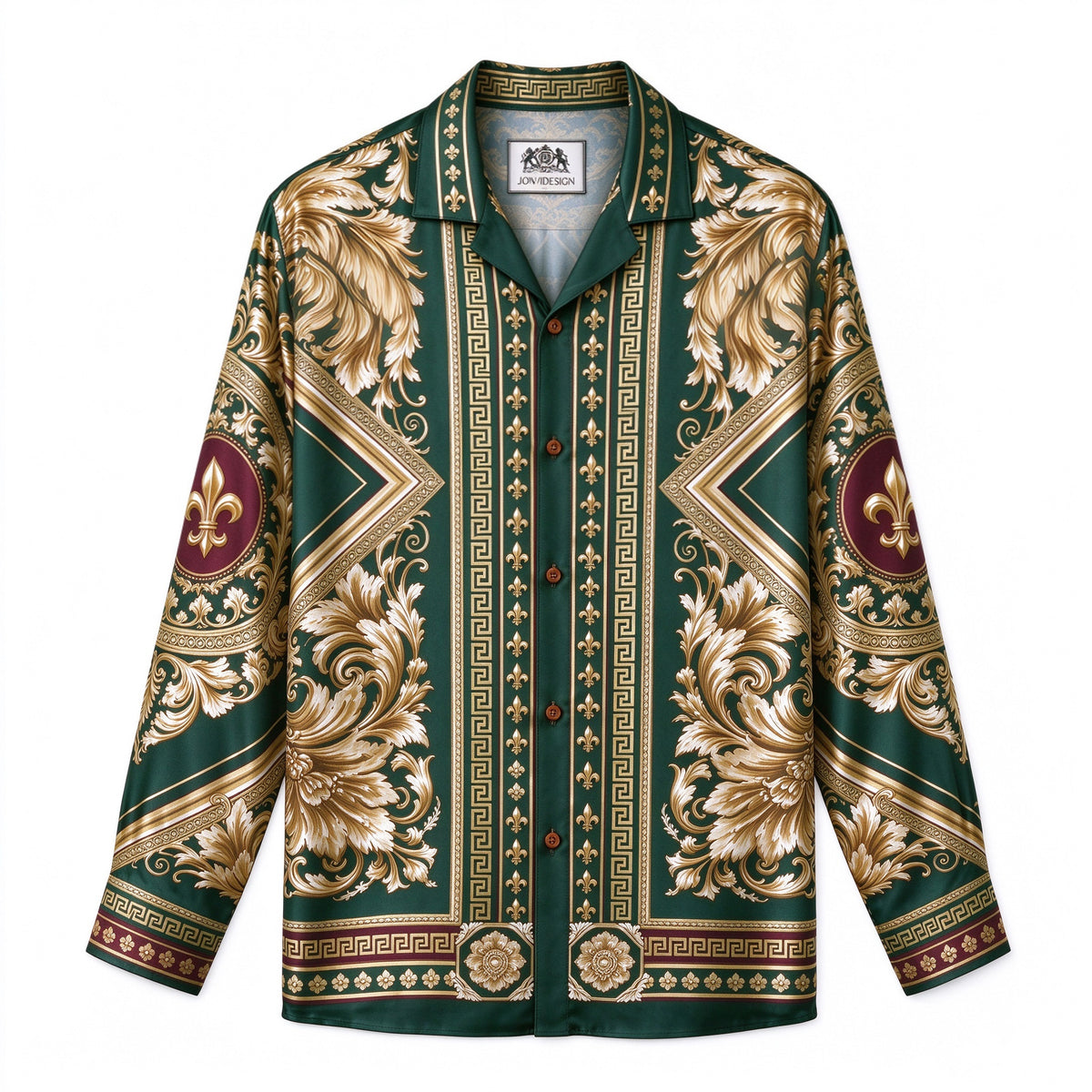 Royal Luxury Greek Key Scroll Print Vintage Camp Collar Shirt