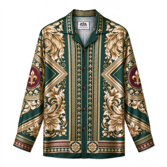 Royal Luxury Greek Key Scroll Print Vintage Camp Collar Shirt