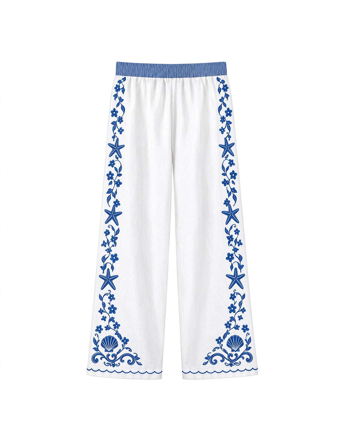 Blue White Coastal Starfish Shell Wide Leg Linen Pants