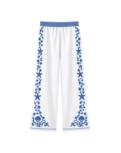 Blue White Coastal Starfish Shell Wide Leg Linen Pants