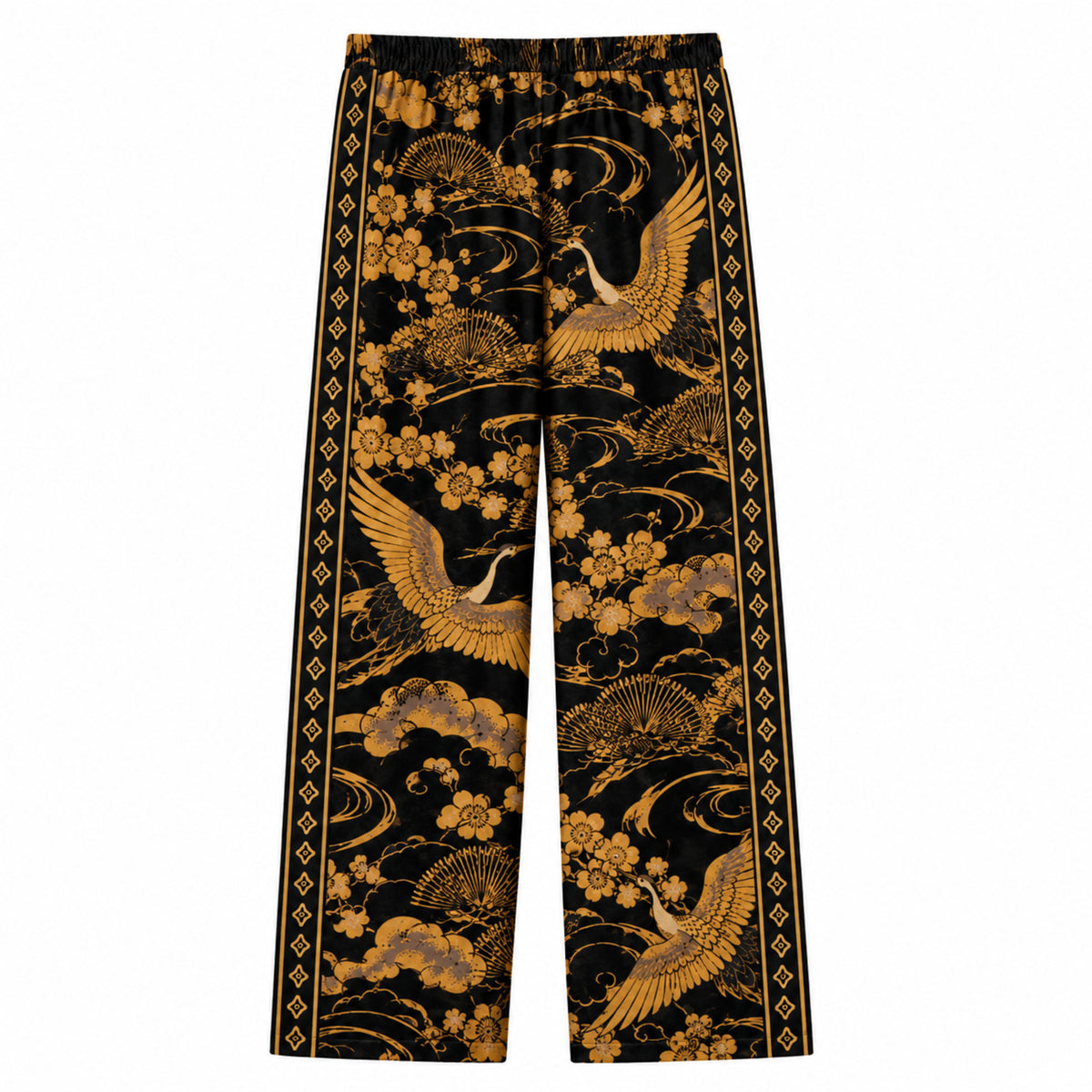 Flying cranes with gold patterns on a black background Print Casual Trousers With Elastic Waistband