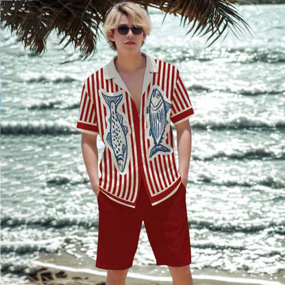 Summer Vacation Retro Fish Pattern Elastic Waistband Summer Casual Shorts