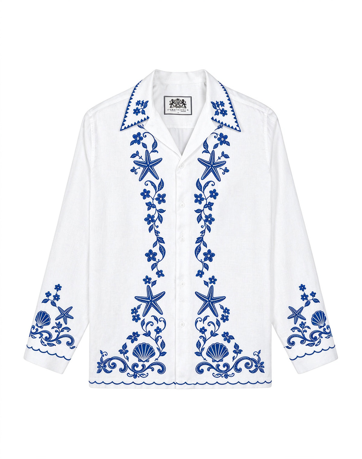Blue White Coastal Starfish Shell Camp Collar Linen Shirt