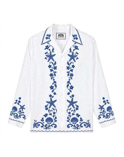 Blue White Coastal Starfish Shell Camp Collar Linen Shirt