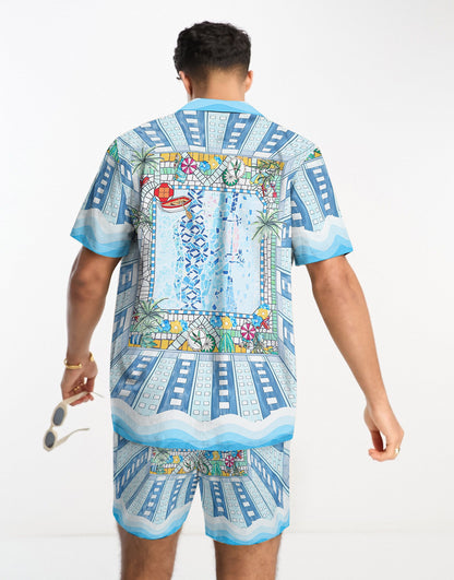 Resort Pool Print Camp Collar Short Sleeve Shirt