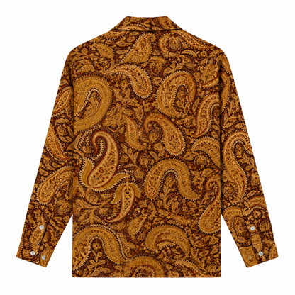 Brown  with Cashew Flower  Print Long Sleeve Camp Collar Shirt