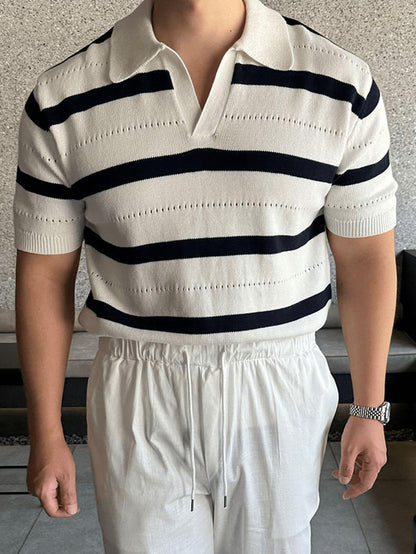 Men'S Striped Knit Short Sleeve Polo Shirt