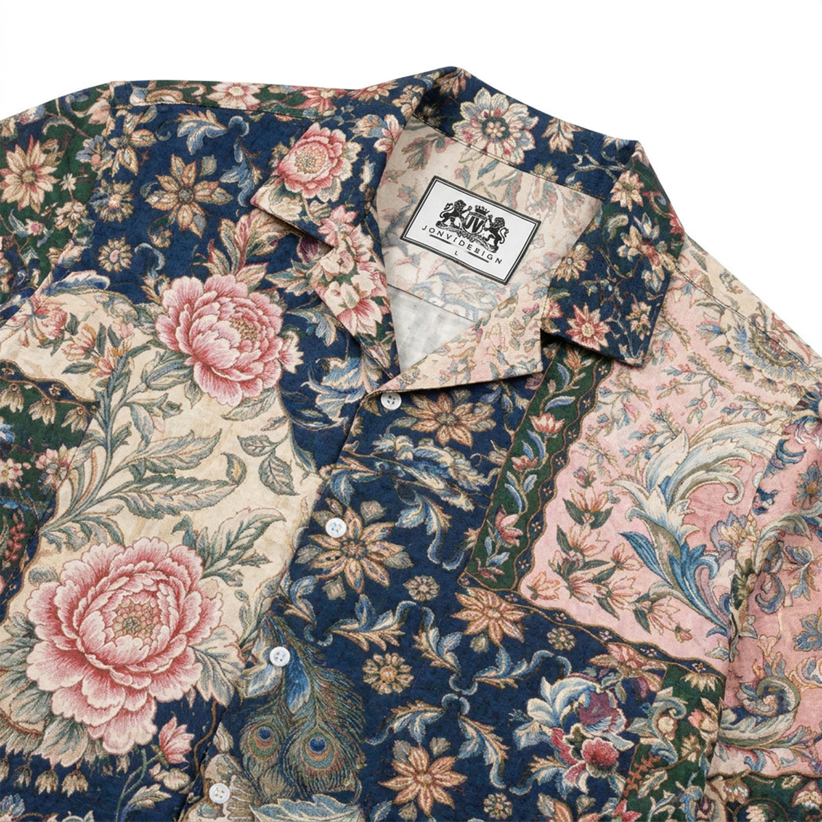 Vintage Tapestry Patchwork Peony Peacock Feather Long Sleeve Shirt