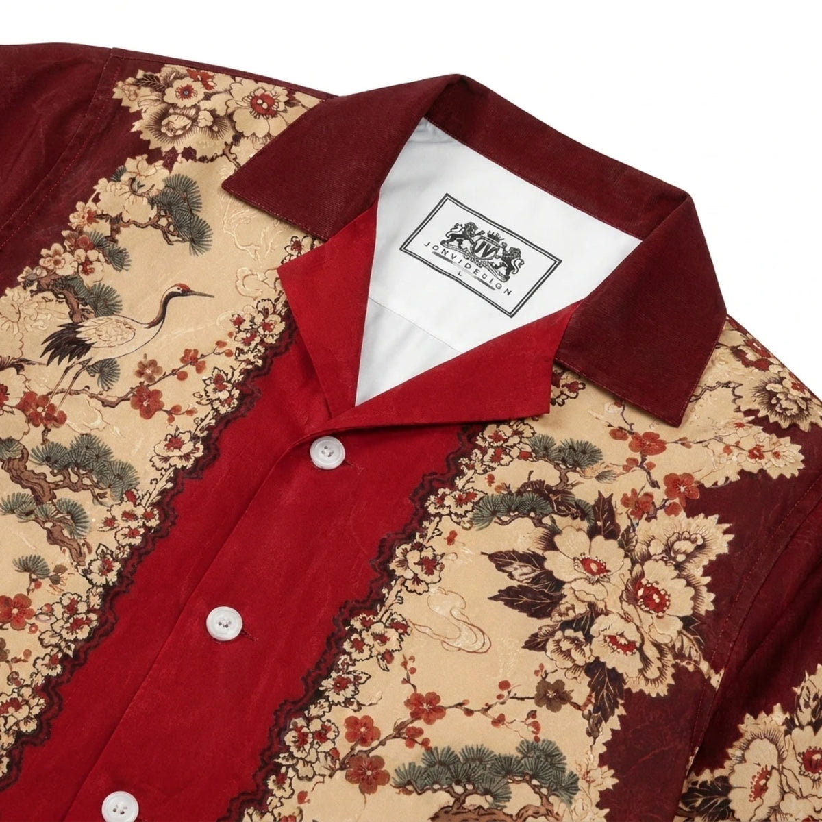 Red placket featuring cranes and pine trees Print Long Sleeve Camp Collar Shirt