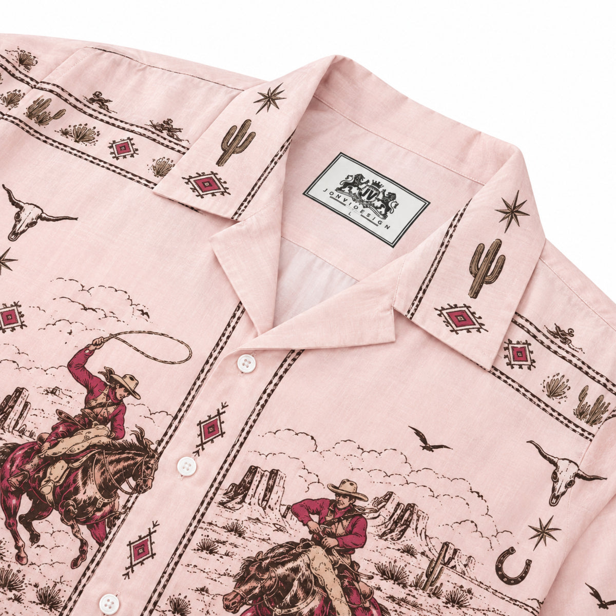Light Pink Foundation Western Cowboy Print Long Sleeve Camp Collar Shirt