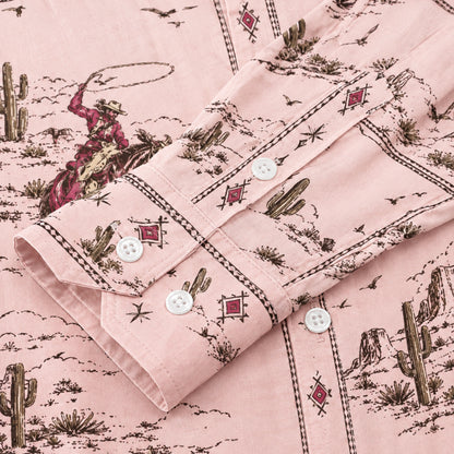 Light Pink Foundation Western Cowboy Print Long Sleeve Camp Collar Shirt