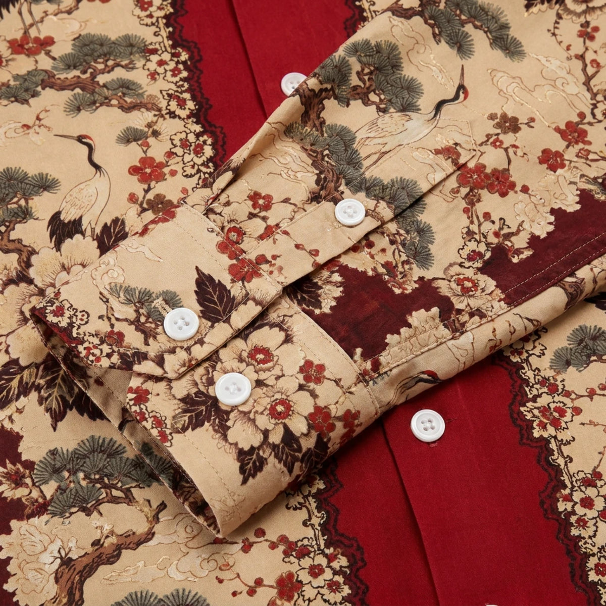 Red placket featuring cranes and pine trees Print Long Sleeve Camp Collar Shirt
