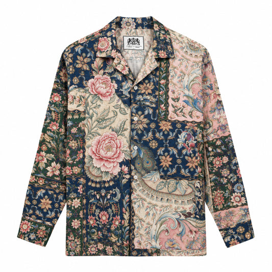 Vintage Tapestry Patchwork Peony Peacock Feather Long Sleeve Shirt