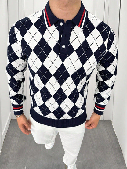 Argyle Print Men's Polo Knit Sweater