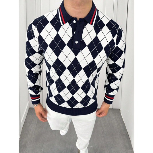 Argyle Print Men's Polo Knit Sweater