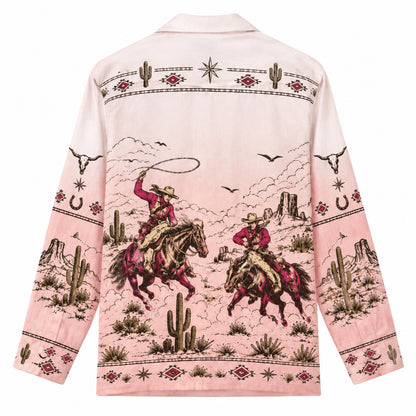 Light Pink Foundation Western Cowboy Print Long Sleeve Camp Collar Shirt