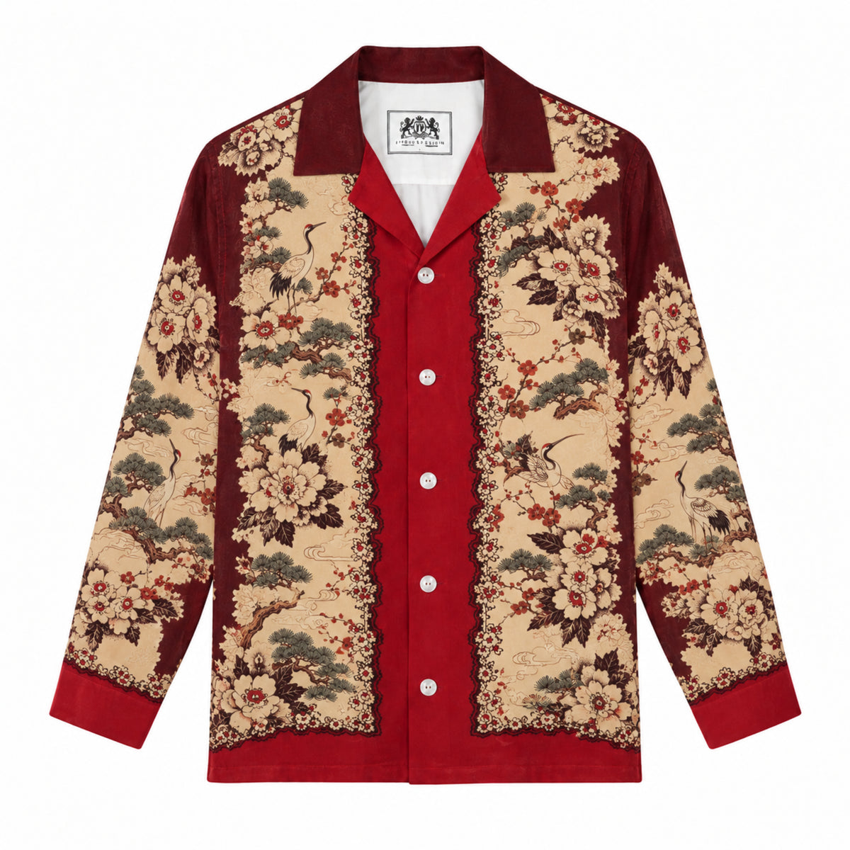 Red placket featuring cranes and pine trees Print Long Sleeve Camp Collar Shirt