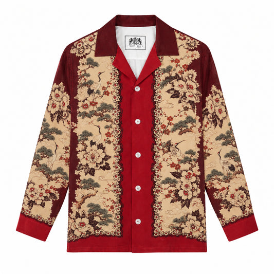 Red placket featuring cranes and pine trees Print Long Sleeve Camp Collar Shirt