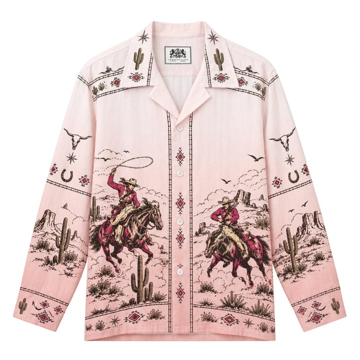 Light Pink Foundation Western Cowboy Print Long Sleeve Camp Collar Shirt