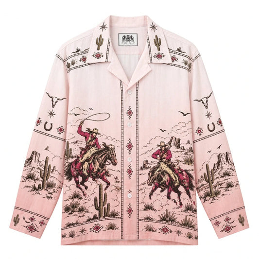 Light Pink Foundation Western Cowboy Print Long Sleeve Camp Collar Shirt