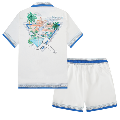 Tennis Palace Pattern Camp Collar Short Sleeve Shirt