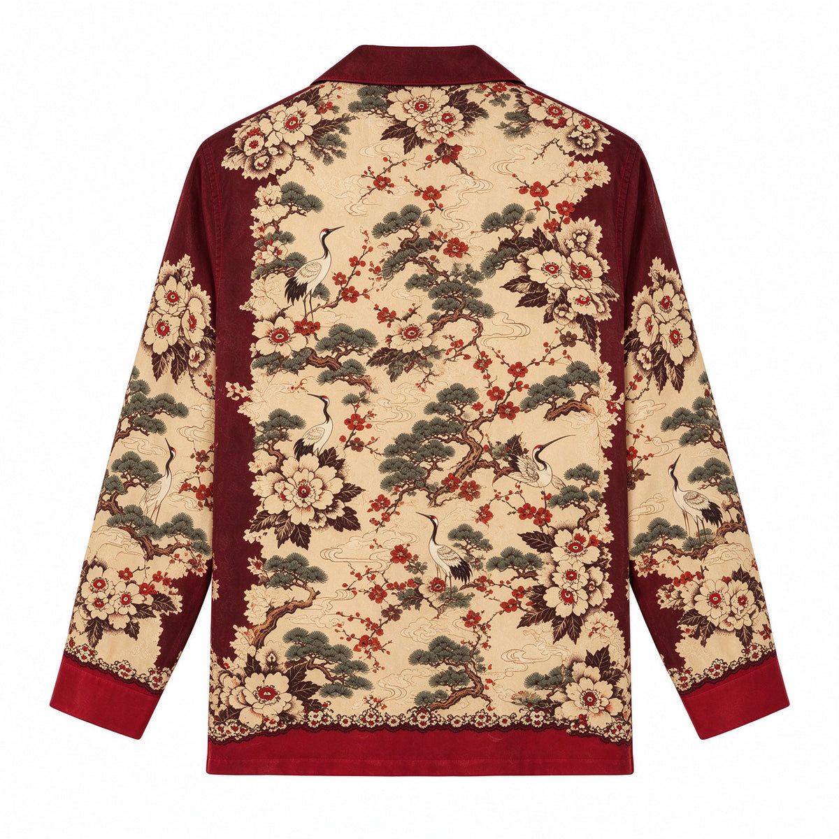 Red placket featuring cranes and pine trees Print Long Sleeve Camp Collar Shirt