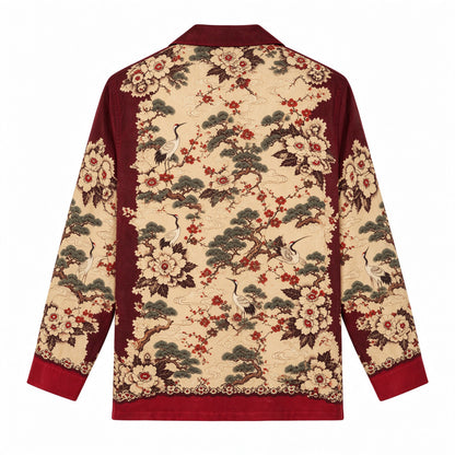 Red placket featuring cranes and pine trees Print Long Sleeve Camp Collar Shirt